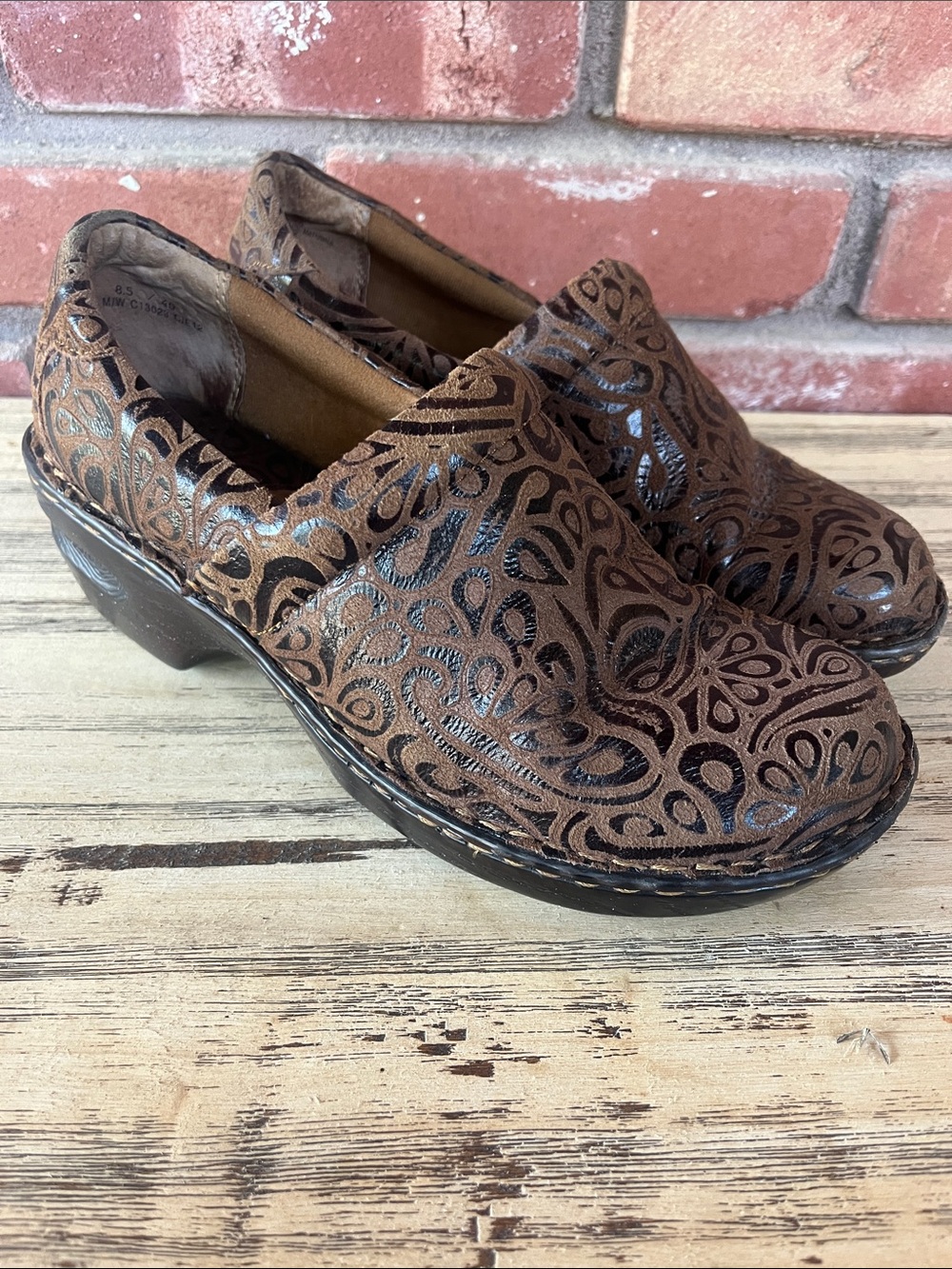 boc Brown Embossed Paisley Leather Slip-On Clogs